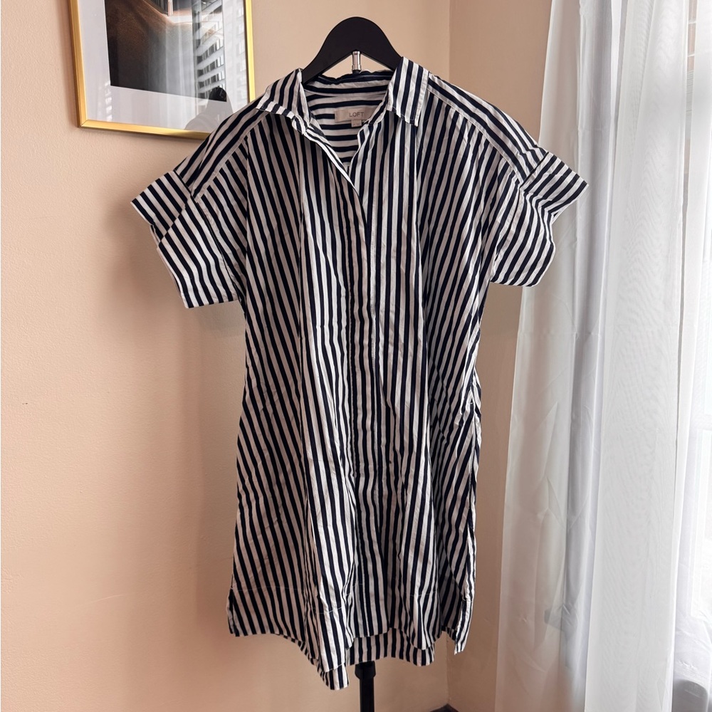 LOFT Navy and White Striped Shirt Dress